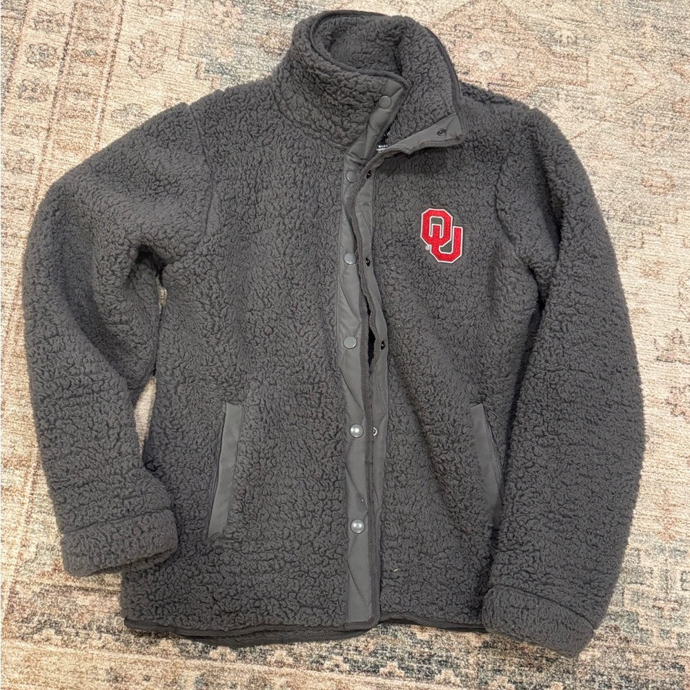 Fanatics OU logo University of Oklahoma gray Sherpa zip Jacket Sz M